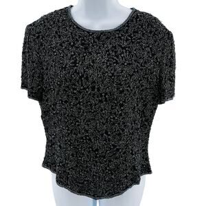 Papell Boutique Evening Black Silk Beaded Short Sleeve Crop Blouse Women Sz L